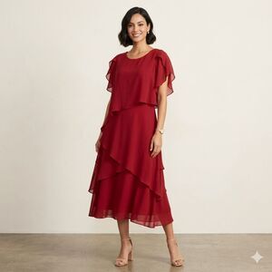 💃 RS Red Chiffon Layered Maxi Dress NWT Corset Back Flutter Sleeve Formal 14